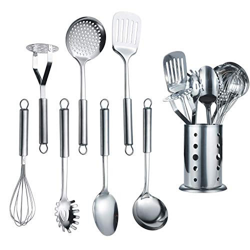 Berglander Cooking Utensil Set 8 Piece, Stainless Steel Kitchen Tool Set with Stand,Cooking Utensils, Slotted Tuner, Ladle, Skimmer, Serving Spoon, Pasta Server,Potato Maseher, Egg Whisk. （8 Pieces） | Amazon (US)