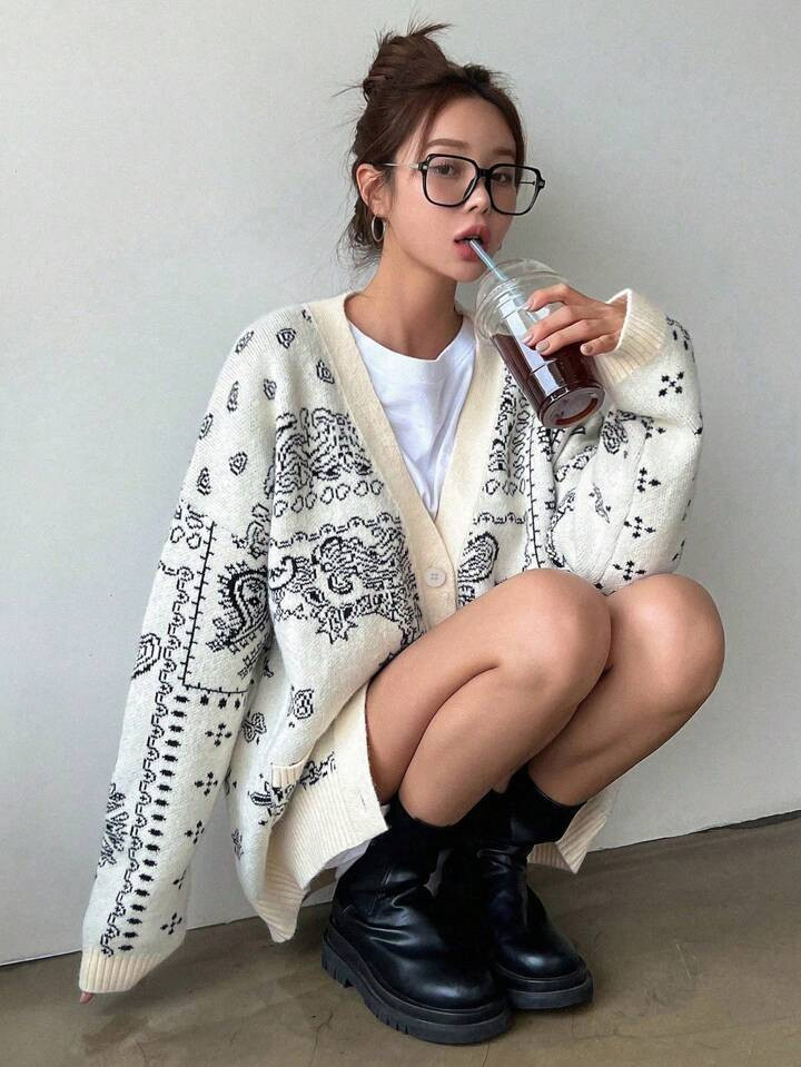 DAZY Paisley Pattern Drop Shoulder Cardigan | SHEIN