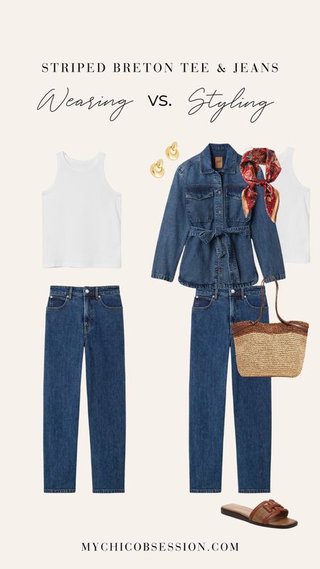 Style a denim on denim look to elevate a basic tank top from Everlane and their Way High jeans. Add a belted denim jacket on top, tie a silk scarf at your neck, and finish the look with chunky gold earrings, a woven tote, and leather and rattan slide sandals.

#LTKStyleTip #LTKSeasonal