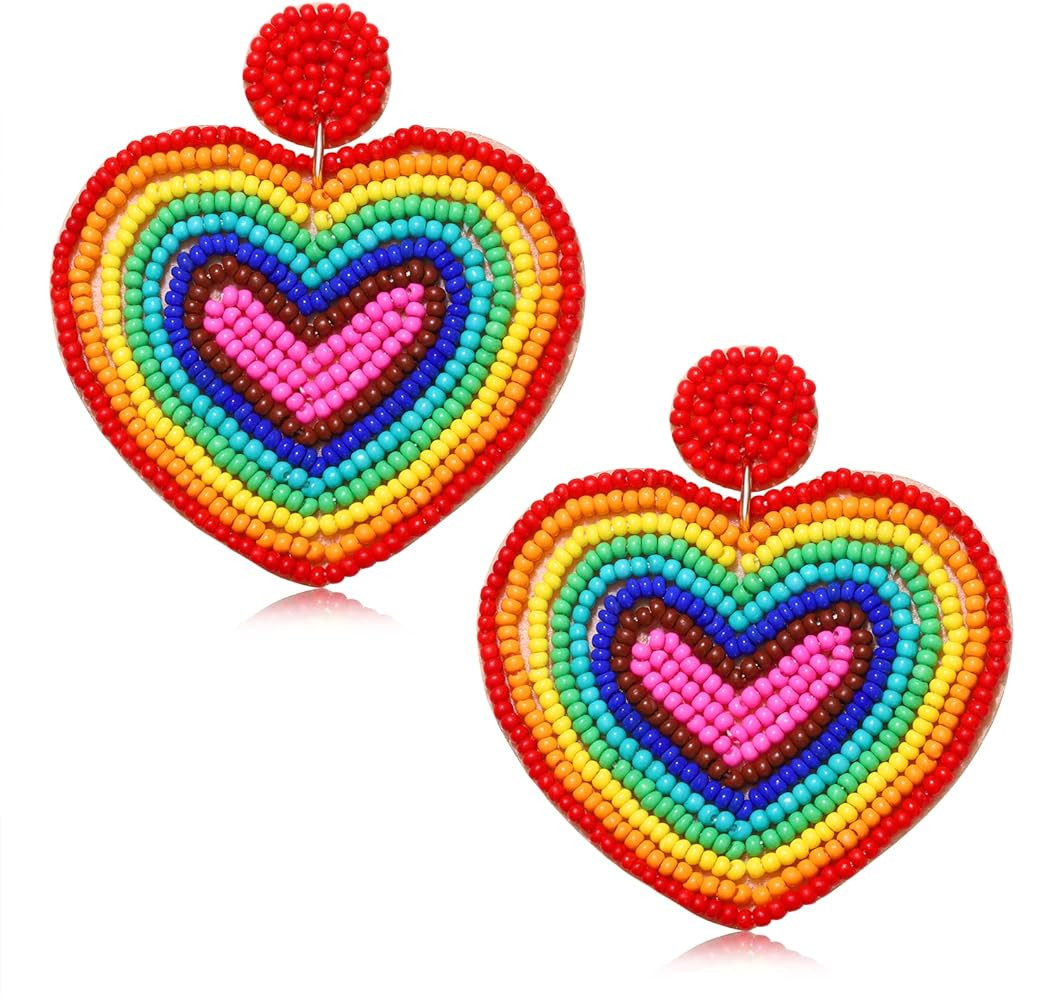 Heart Earrings for Women Hypoallergenic Beaded Statement Dangle Earrings Boho Handmade Red Love H... | Amazon (US)