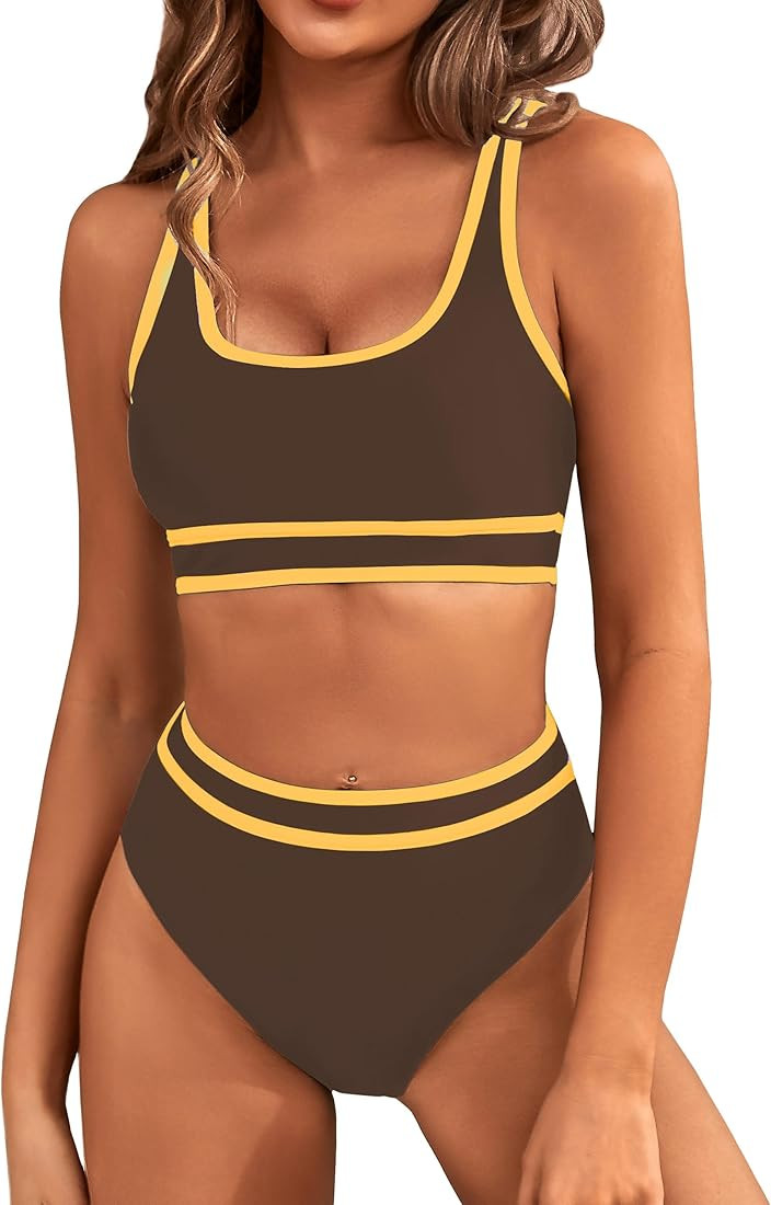 BMJL Women's High Waisted Bikini Sets Sporty Two Piece Swimsuits Color Block Cheeky High Cut Bath... | Amazon (US)