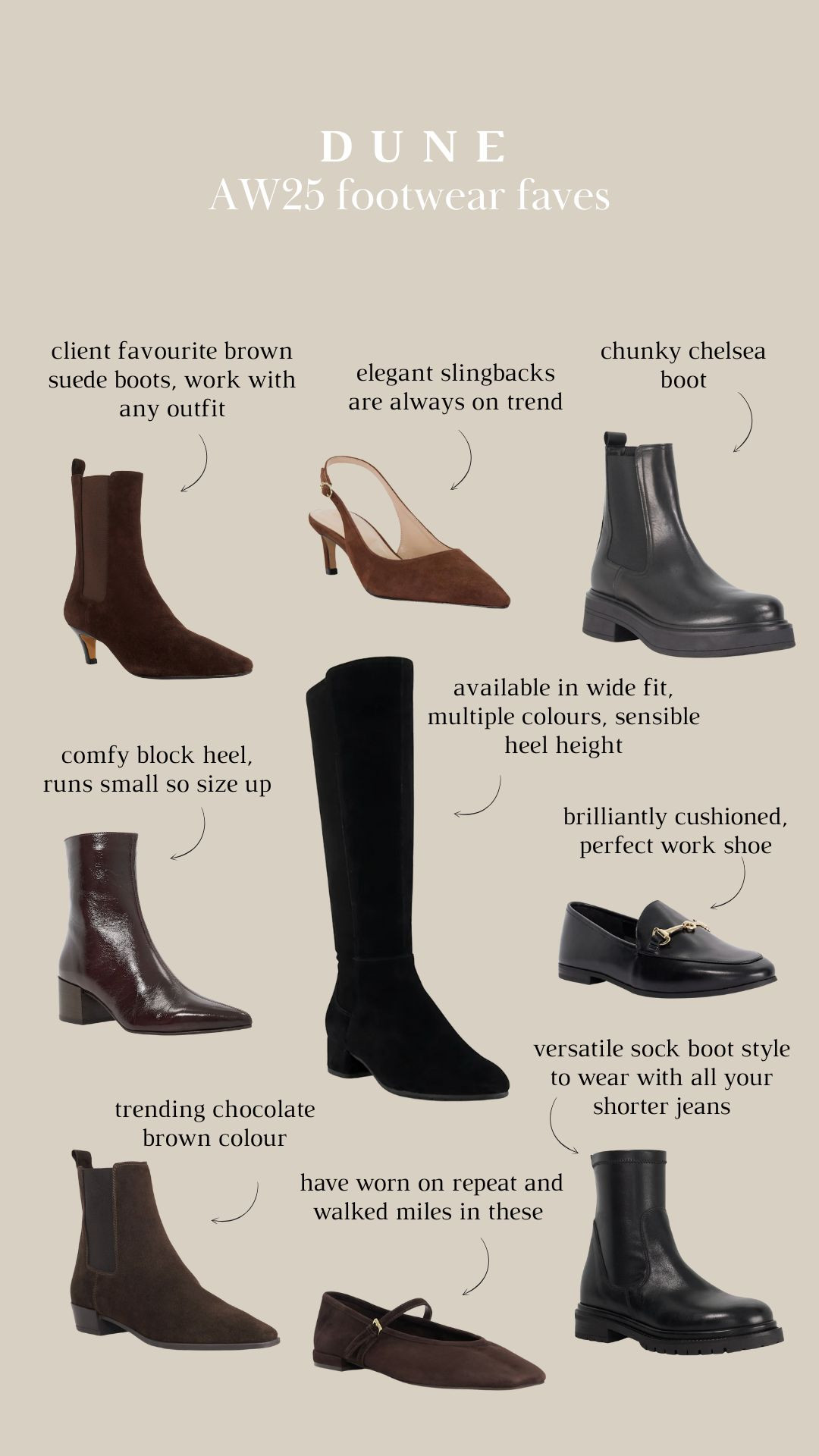 My Dune AW25 footwear favourites! Boots, brown suede, sock boots, knee high boots, winter shoes, chocolate brown, chelsea boot, loafers, comfy shoes  

 #LTKuk #LTKwinter #LTKstyletip