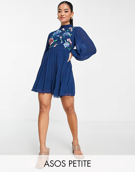 ASOS DESIGN Petite high neck pleated long sleeve skater mini dress with embroidery in navy | ASOS (Global)