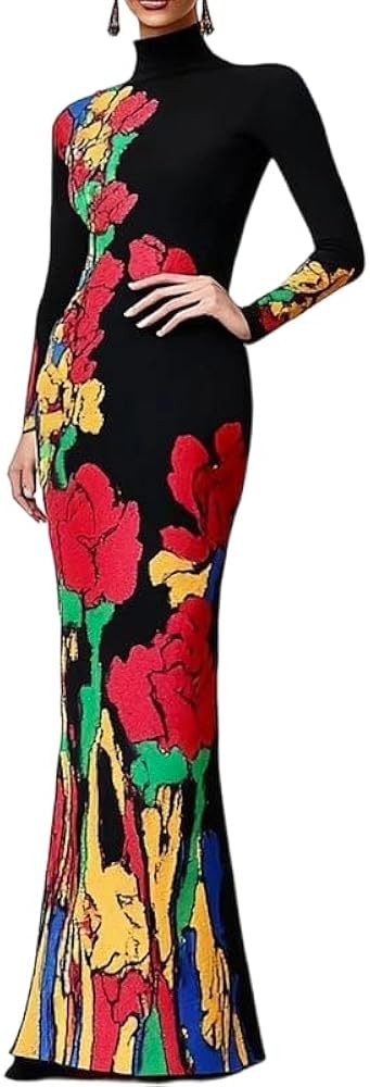 Oshoplive Women\u2019s Long Sleeve Maxi Dress Elegant Bodycon Mermaid High Neck Floral Print Form... | Amazon (US)