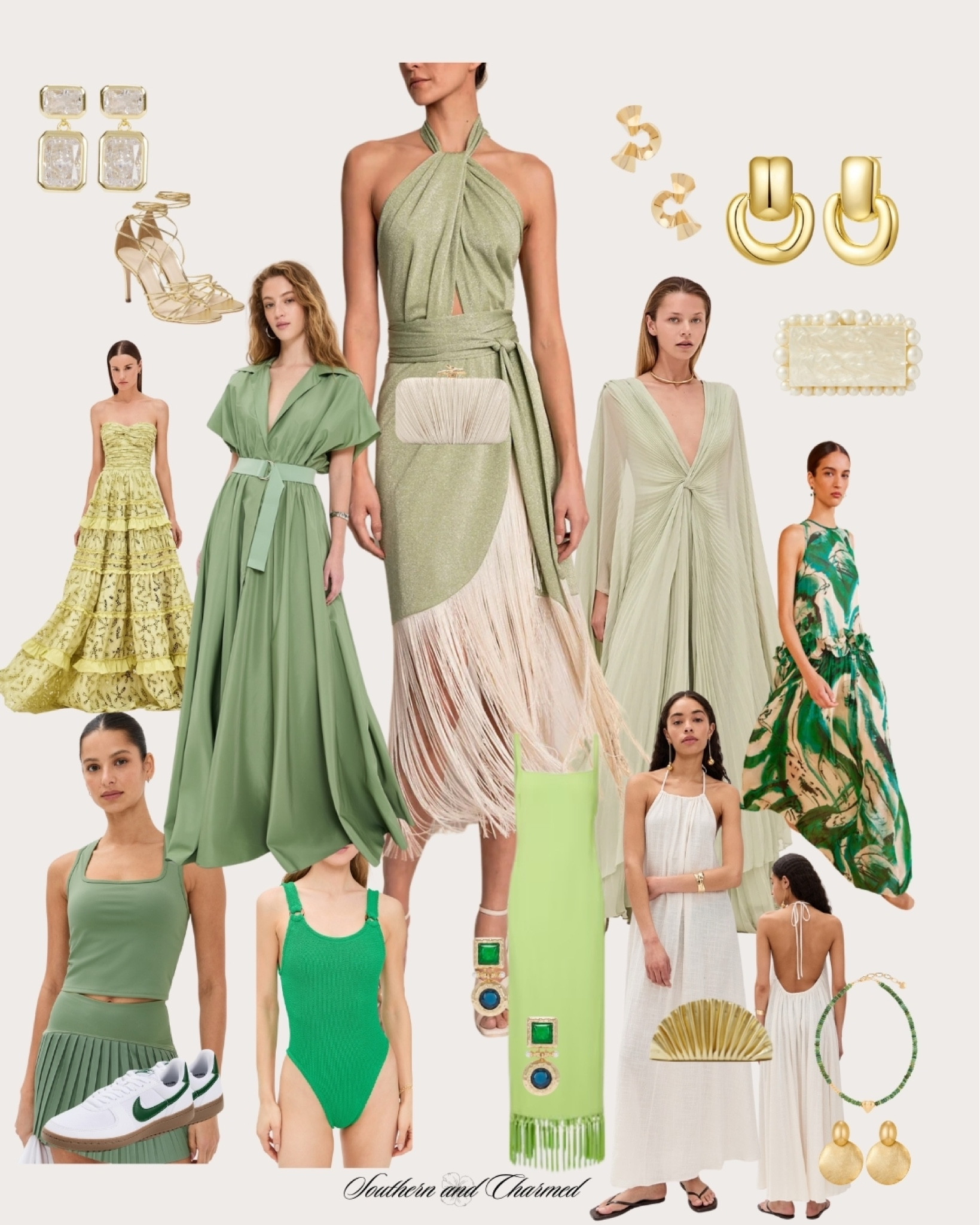 Green resort wear, green evening gown, green dress, green accessories, green swimsuit, workout outfit, athleisure, swim, resort wear, destination wedding, spring wedding guest dress, fringe, backless dress, gold jewelry, gold shoes, bump friendly gown 