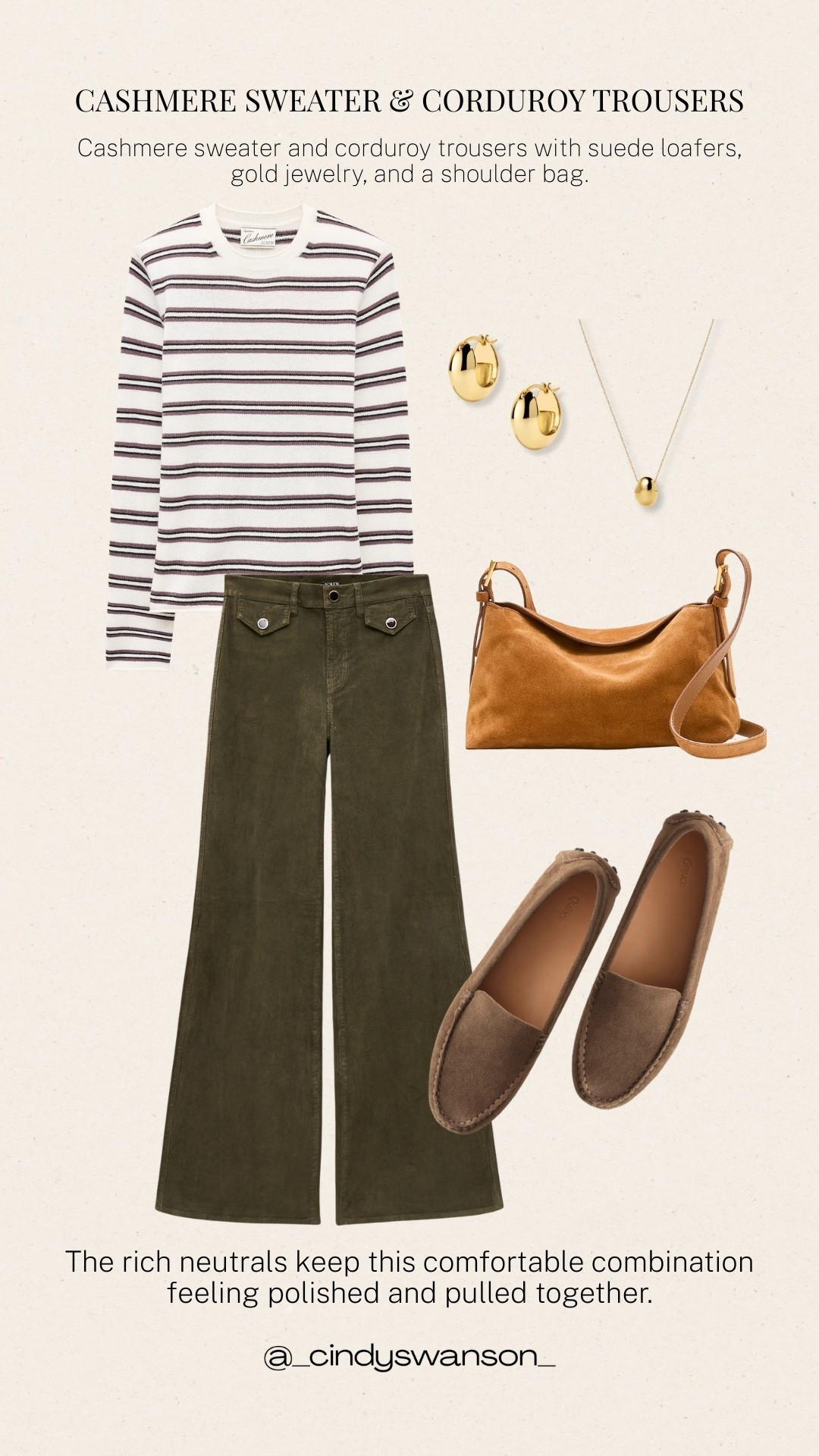 A classic fall combination of a striped cashmere sweater and olive corduroy trousers. I love how the rich neutrals keep the look comfortable and polished, while the suede loafers and warm leather shoulder bag add just enough structure.

#LTKootd #LTKgrwm #LTKOver40