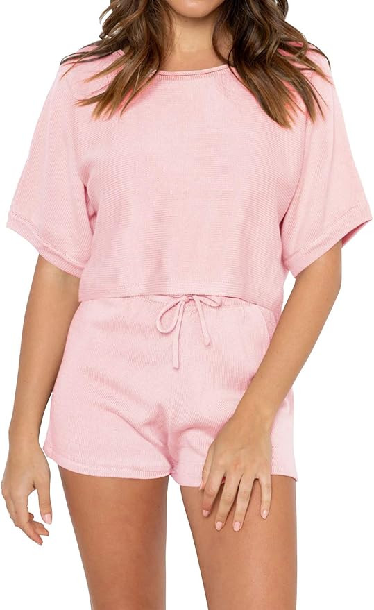 ZESICA Women's Casual Long Sleeve Solid Color Knit Pullover Sweatsuit 2 Piece Short Sweater Outfi... | Amazon (US)