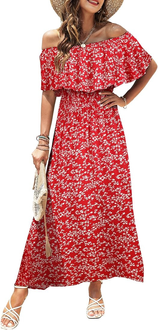 Bluetime Womens Maxi Dress Off Shoulder Floral Print Boho Beach Long Summer Dresses | Amazon (US)