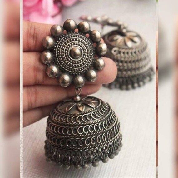 Read the full title
    Black Jhumka oxidize Indian jewelry oxidise mirror earring indian jhumka ... | Etsy (US)