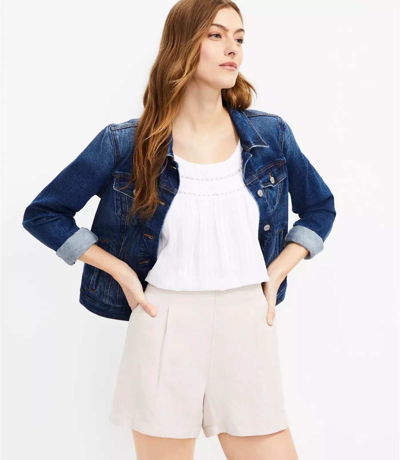 Pleated Pull On Shorts in Chambray | LOFT | LOFT