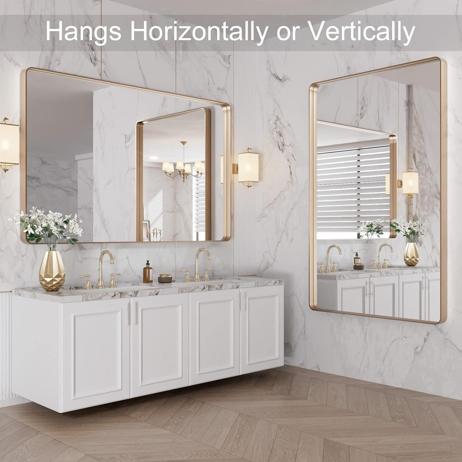 LOAAO 48”X30” Gold Bathroom Mirror, Rounded Rectangle Gold Frame Mirror, Brushed Gold Bathroo... | Amazon (US)