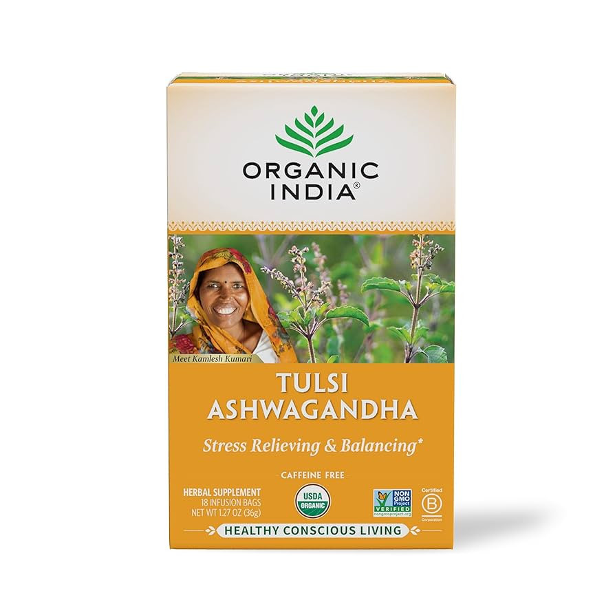 ORGANIC INDIA Calming Tulsi Ashwagandha Tea - Organic Tea Bags, Holy Basil Tea, Vegan, USDA Certi... | Amazon (US)