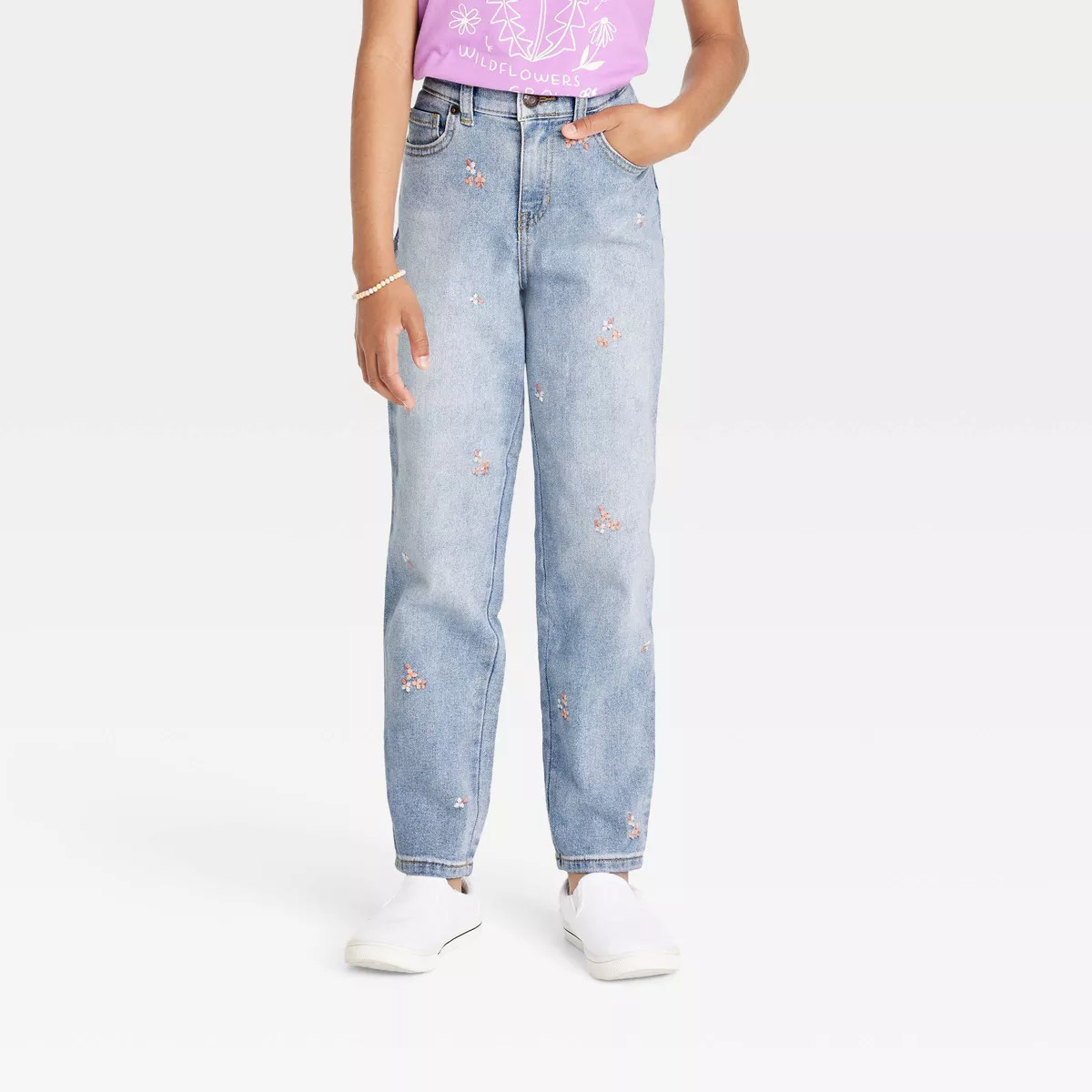 Girls' Floral Embroidered High-Rise Ankle Straight Jeans - Cat & Jack™ | Target