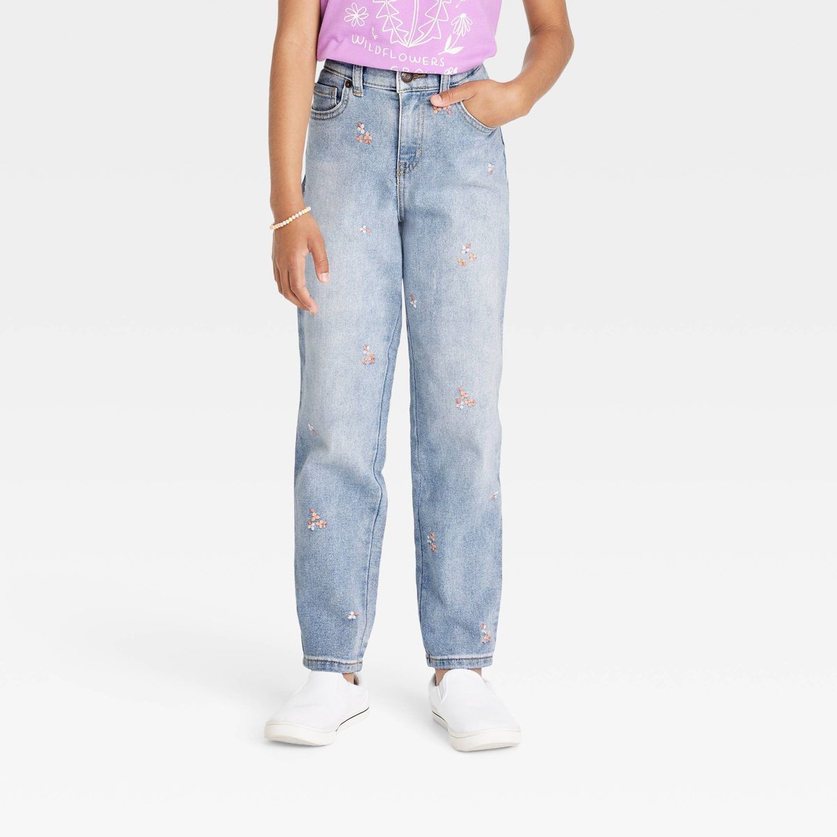 Girls' Floral Embroidered High-Rise Ankle Straight Jeans - Cat & Jack™ | Target