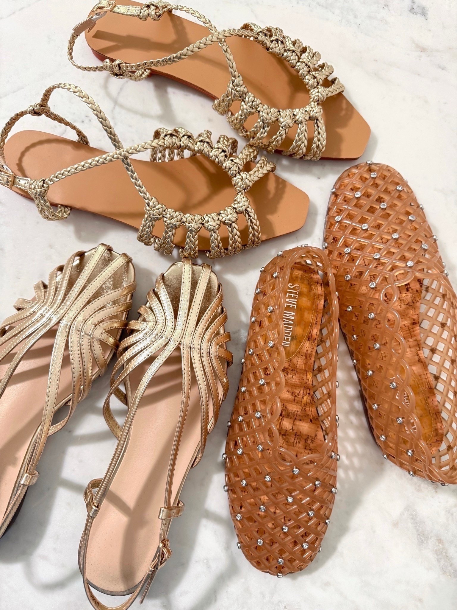 Peep toe women sandals, size 7.5 (TTS)
Gold covered sandals size 7.5 (TTS)
Steve Madden Jellies size down if in between (I got a size 7)

Amazon sandals, designer sandals, spring sandals, gold sandals 

#LTKMothersDay #LTKdayinmylife #LTKootd