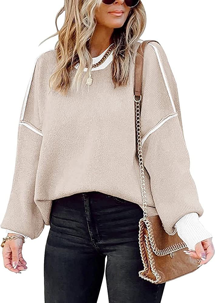 Oversized Sweaters for Women Fall 2023 Trendy Crewneck Batwing Long Sleeve Knit Tops Side Slit Pu... | Amazon (US)