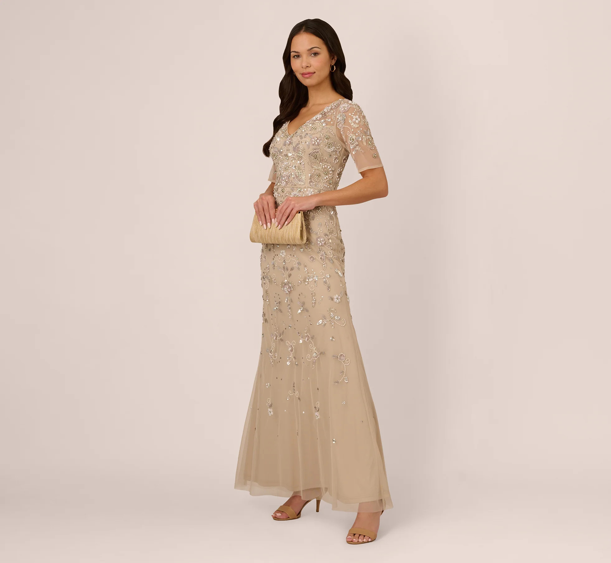Gold 3D Floral Beaded Mermaid Gown With Sheer Short Sleeves - Adrianna Papell | Adrianna Papell