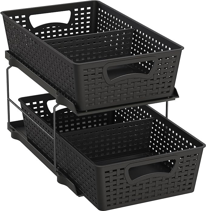 Simple Houseware 2 Tier Bathroom Organizer Tray Pull-Out Sliding Drawer/Under-Sink Storage, Black | Amazon (US)