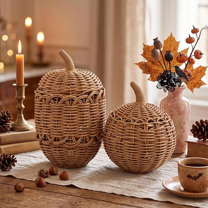 2 Pack Woven Rattan Pumpkin Decorations, 8" & 9.5" Faux Rustic Hollow Weave Fall Pumpkin Table Ce... | Amazon (US)