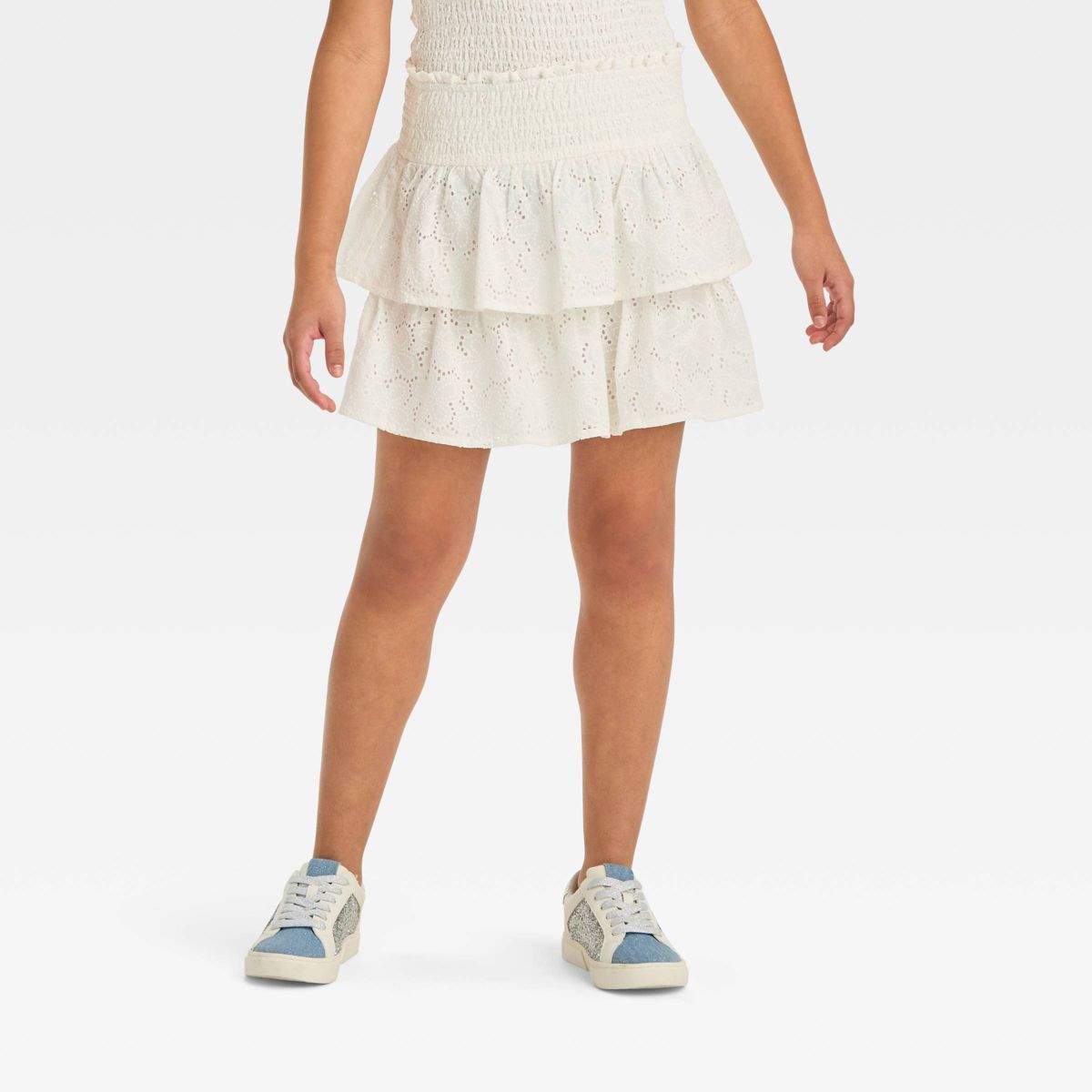 Girls' Smocked Waist Woven Tiered Skirt - art class™ White S | Target