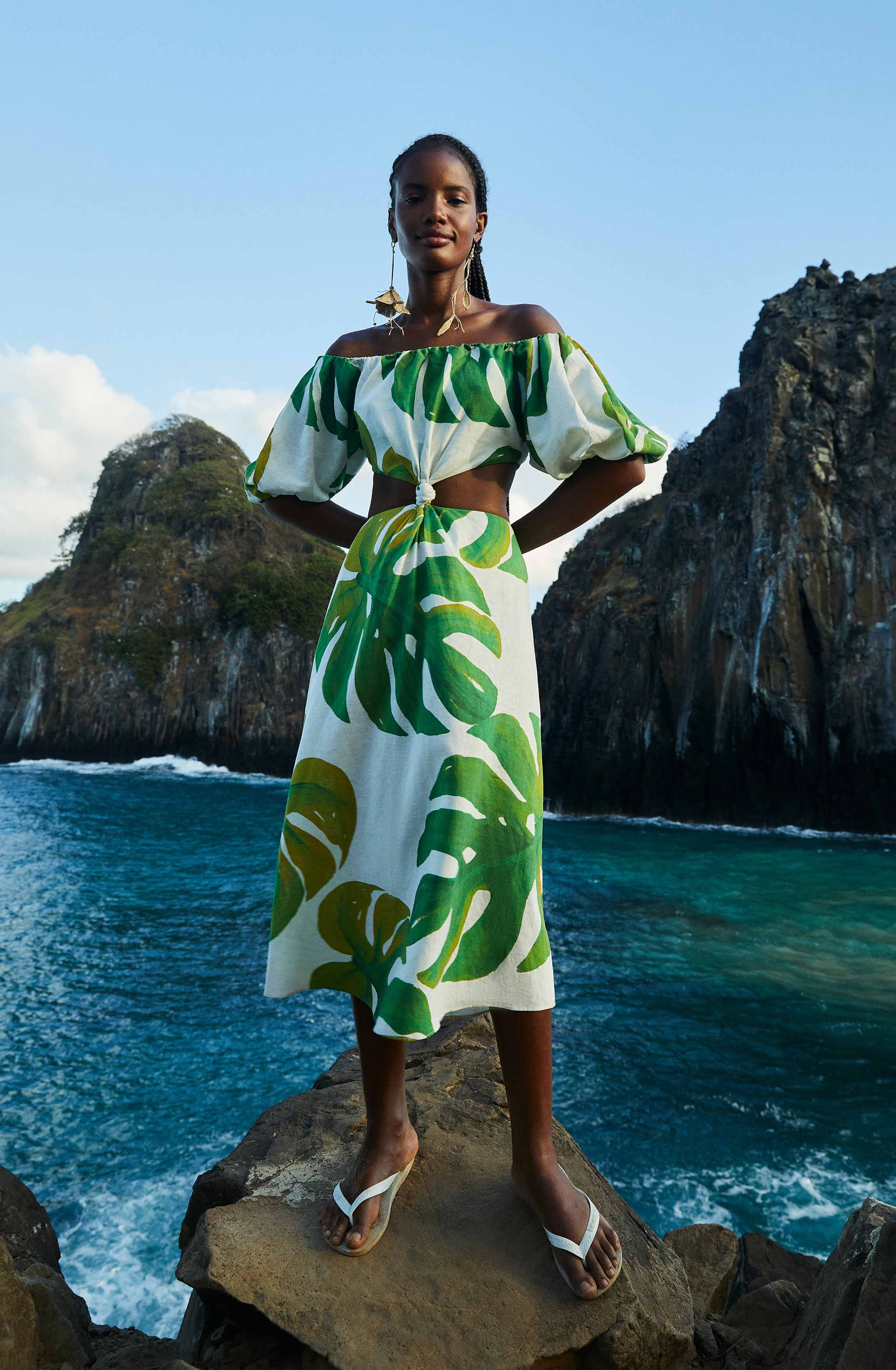 Knot Midi Dress | White Monstera Print | FarmRio (US)