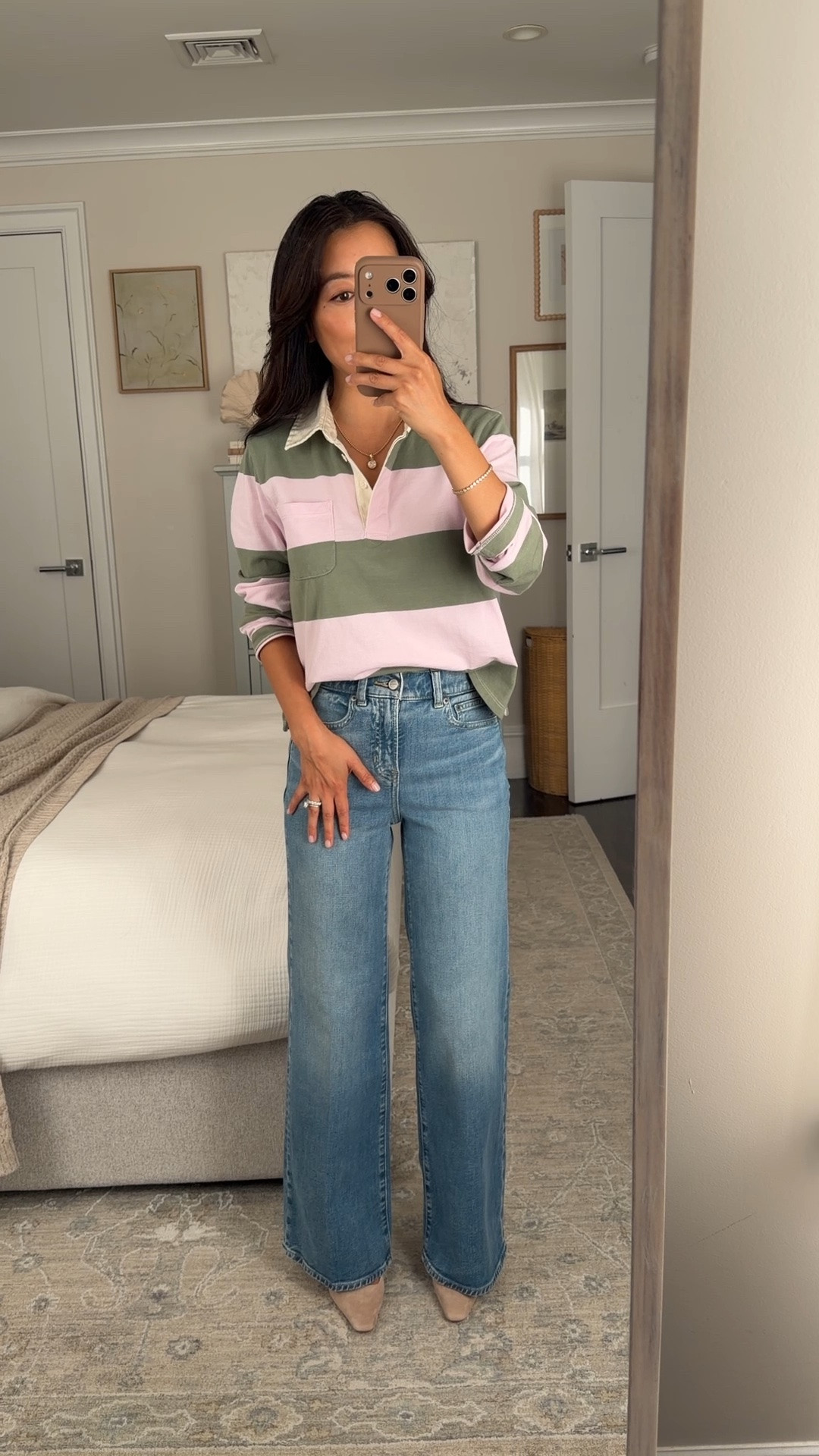On sale! Size info below! 
• Denim trouser jean for this wash I’d stick TTS for this wash, these are a 24 petite. Sizing runs differently depending on wash 
• Cropped stripe rugby shirt XXS, just slightly shorter in length 

Petite friendly jeans, fall outfit ideas, polo shirt 

 #LTKootd #LTKSeasonal #LTKPetite