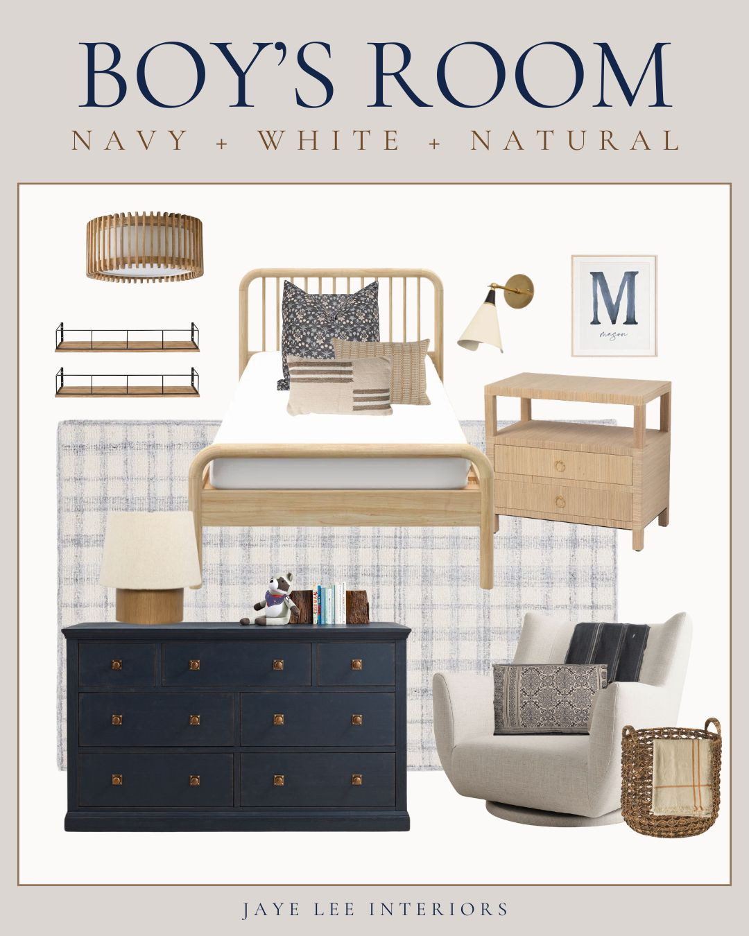 Working on some design inspiration for "big boy rooms" for my little guys. Love this simple, spindle twin bed from Wayfair, and love the idea of a vintage coverlet draped at the base of the bed. The raffia nightstand is a steal from TJ Maxx, and the dresser is a timeless look from PotteryBarn Kids. 
Boys bedroom, big boy bedroom, sophisticated kids room, vintage bedspread, bedroom furniture, bedroom design ideas, young boy's room, little boy's room, accent chair, wall shelves, wall-mount bookshelf, bedroom lighting, semi flush mount light, wood lamp, throw pillows for bed, neutral plaid rug

#LTKHome#LTKStyleTip 

 

#LTKKids #LTKFindsUnder100 #LTKFamily