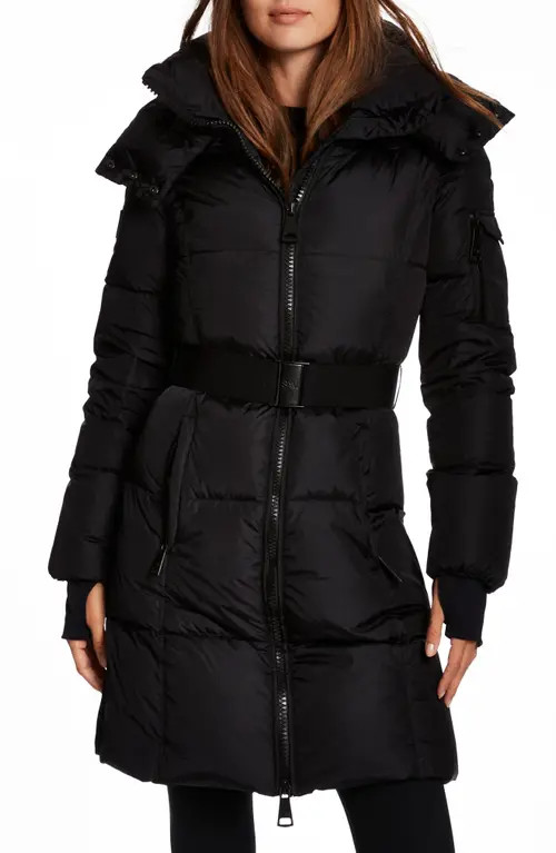 SAM. Noho Belted Down Puffer Coat with Removable Hood in Matte Black at Nordstrom, Size Large | Nordstrom