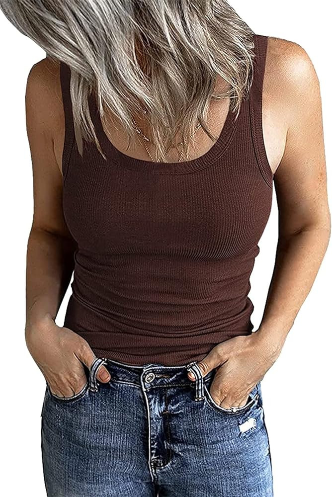 GEMBERA Women's Sleeveless Scoop Neck Ribbed Tank Tops Fitted Basic Cami Tee Shirts | Amazon (US)