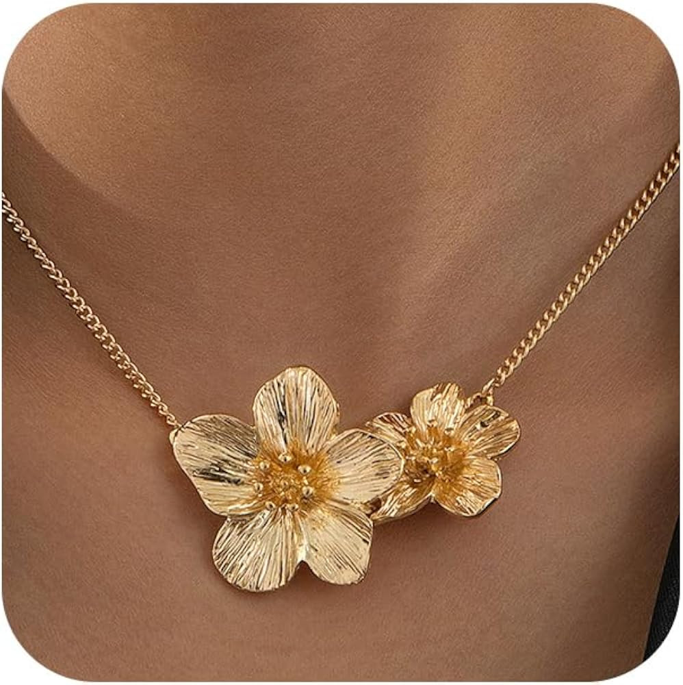 Charm Gold Flower Y2k Layered Necklaces for Women Statement, Trendy Vintage Chunky Metal Pleated ... | Amazon (US)