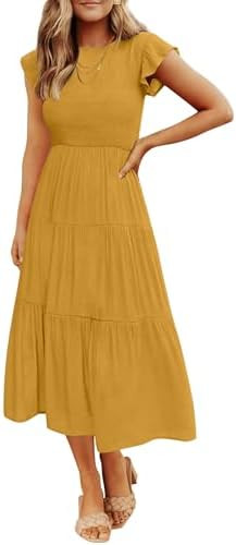 ZESICA Women's 2026 Summer Casual Flutter Short Sleeve Crew Neck Smocked Elastic Waist Tiered Mid... | Amazon (US)