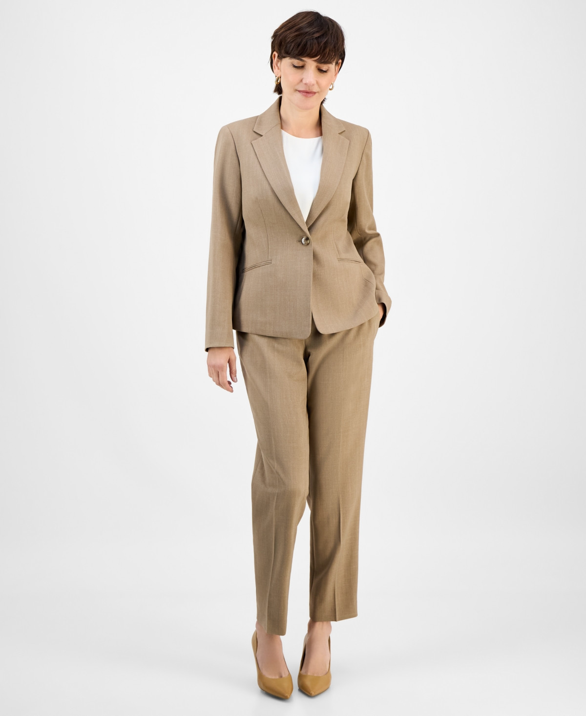 Le Suit Women's Notch-Collar One-Button Pantsuit Set, Regular & Petite - Camel Multi | Macy's
