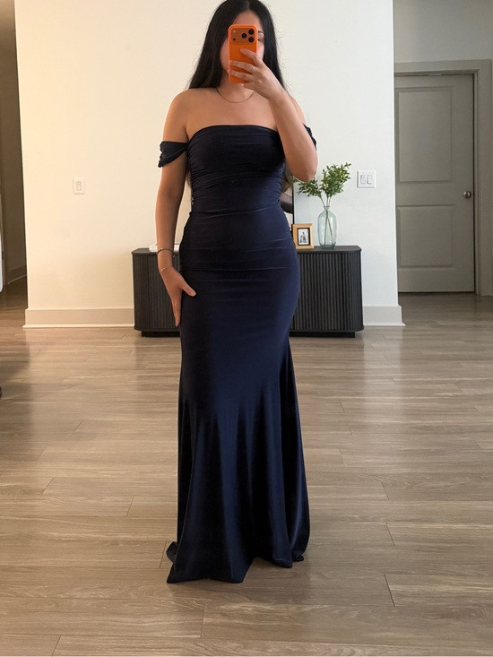 Missguided Navy Draped off shoulder mermaid Maxi Dress with train size 2 | Poshmark