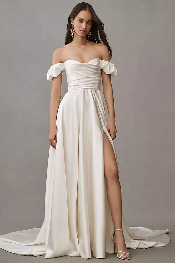 Jenny Yoo Kennedy Off-The-Shoulder A-Line Satin Wedding Gown | Anthropologie (US)