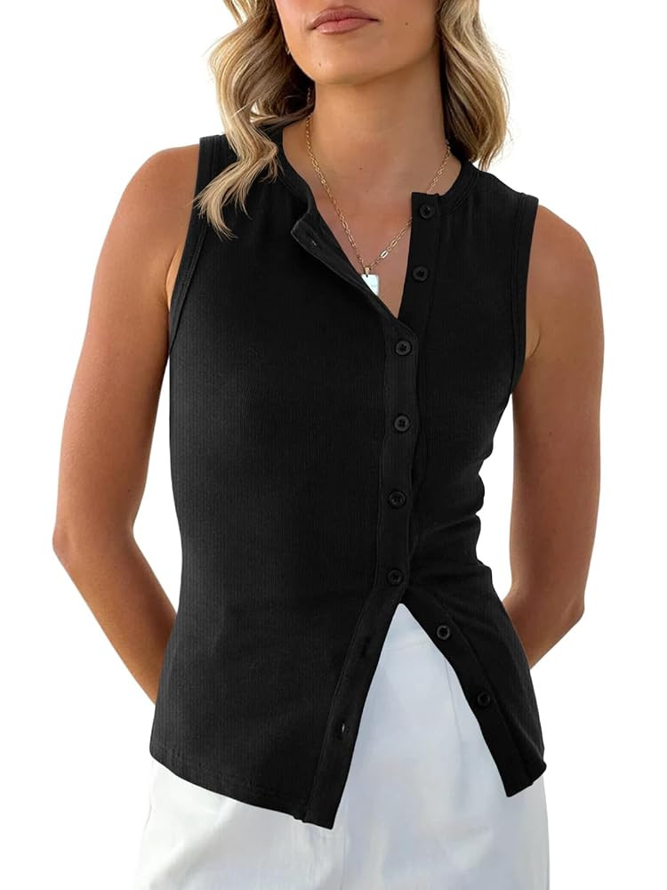 Cicy Bell Womens Button Down Tank Tops Summer Sleeveless Vest Tops Trendy Ribbed Fitted Going Out... | Amazon (US)