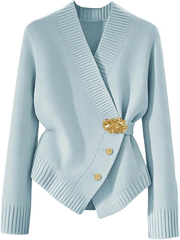 Verdusa Women's Elegant Metal Button Down Cardigan Wrap V Neck Long Sleeve Knitted Sweaters | Amazon (US)