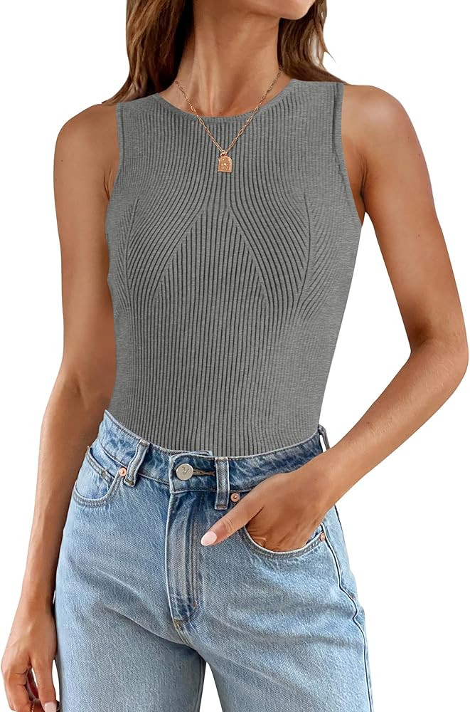 ZESICA Womens 2025 Ribbed Tank Tops Summer Sleeveless High Neck Casual Slim Fitted Basic Knit Shi... | Amazon (US)