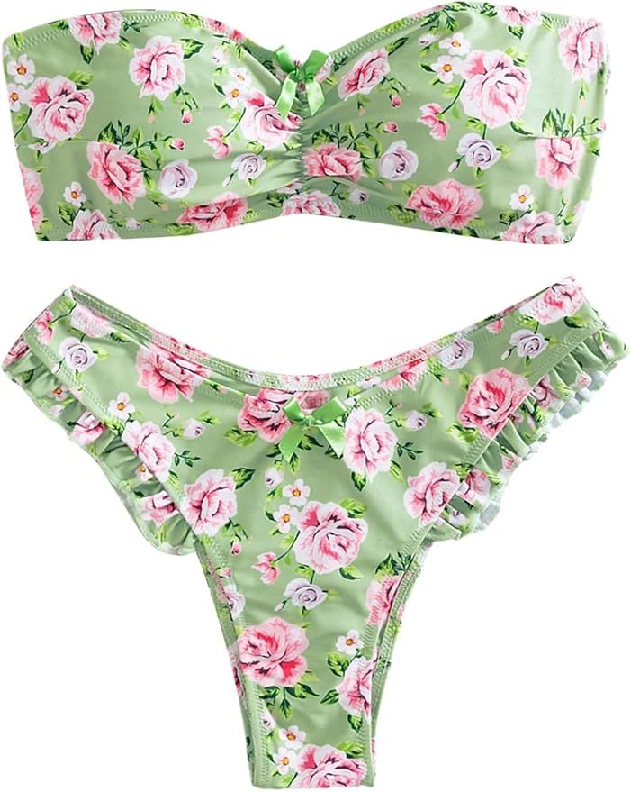 MakeMeChic Women's 2 Piece Bandeau Swimsuit Ruffle Strapless Tie Backless Bikini Set Bathing Suit | Amazon (US)