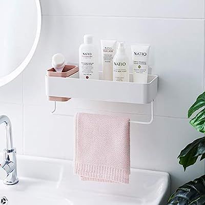 Lunmore Bathroom Organizers Adhesive Bathroom Shelf Storage with Towel Bar Pink | Amazon (US)