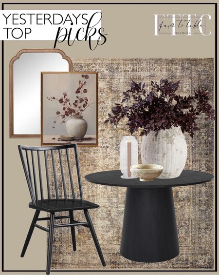 Yesterday’s Top Picks. Follow @farmtotablecreations on Instagram for more inspiration.

Dwen Pedestal Dining Table. Weathered, handcrafted, terra cotta vase. Pottery Barn Vase. Afloral Plum Cimicifuga Stems. Luminara Taper Flameless Candles. Hurricane Candle Holder Studio McGee. Loloi Morgan Rug Sunset Ink. 30" x 42" French Country Wall Mirror - Threshold. Burgundy Eucalyptus Painting | PRINTABLE ART | Muted Toned Floral Art | Vintage Art. Talia Dining Chair. Paper Mache Bowl.

Breakfast Nook | Amazon Home | Target Sale | Loloi Rugs | Magnolia Home | console table | console table styling | faux stems | entryway space | home decor finds | neutral decor | entryway decor | cozy home | affordable decor |  | home decor | home inspiration | spring stems | spring console | spring vignette | spring decor | spring decorations | console styling | entryway rug | cozy moody home | moody decor | neutral home 
