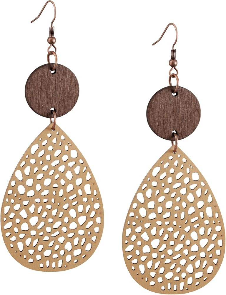 Bohemian Hollow Cut-Out Wood Leather Dangle Drop Earrings, Boho Chic Hippie Statement Jewelry Gif... | Amazon (US)
