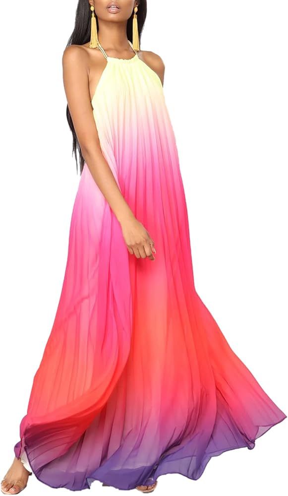 Floralmia Women's Casual Halter Sleeveless Pleated Long Maxi Dress Backless Loose Ombre Summer Beach | Amazon (US)