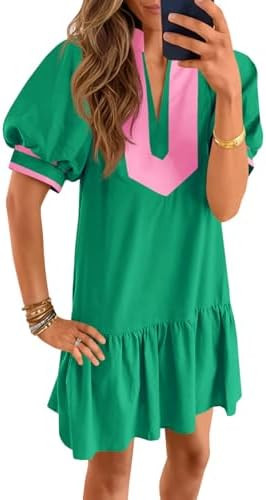 Wenrine Womens Summer Mini Dress Casual Short Puff Sleeve V Neck Color Block Loose Beach A Line D... | Amazon (US)