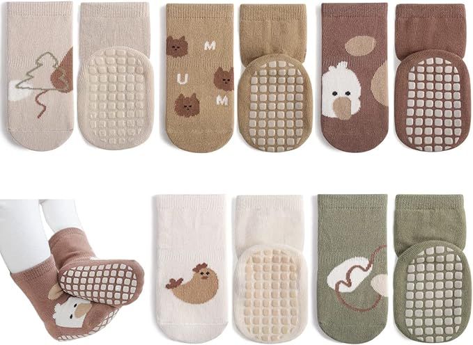 Exemaba Baby Socks with Grips for Girls Boys 5 Pairs Cute Animal Cartoon Toddler Kids Anti-Slip S... | Amazon (UK)