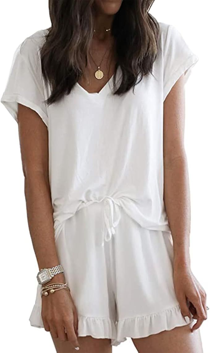 LuckyMore Womens Pajama Sets Shorts Soft Lounge Sets Short Sleeve V Neck Pj Set Sleepwear Top wit... | Amazon (US)
