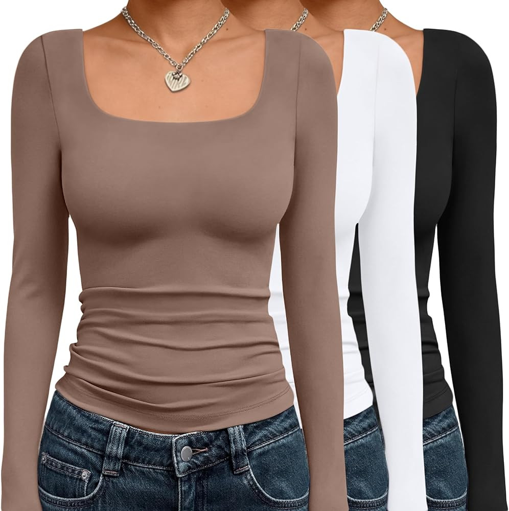 AUTOMET 3 Pack Womens Long Sleeve Shirts Fall Fashion Scoop Neck Crop Tops Basic Layer Slim Fit Y... | Amazon (US)