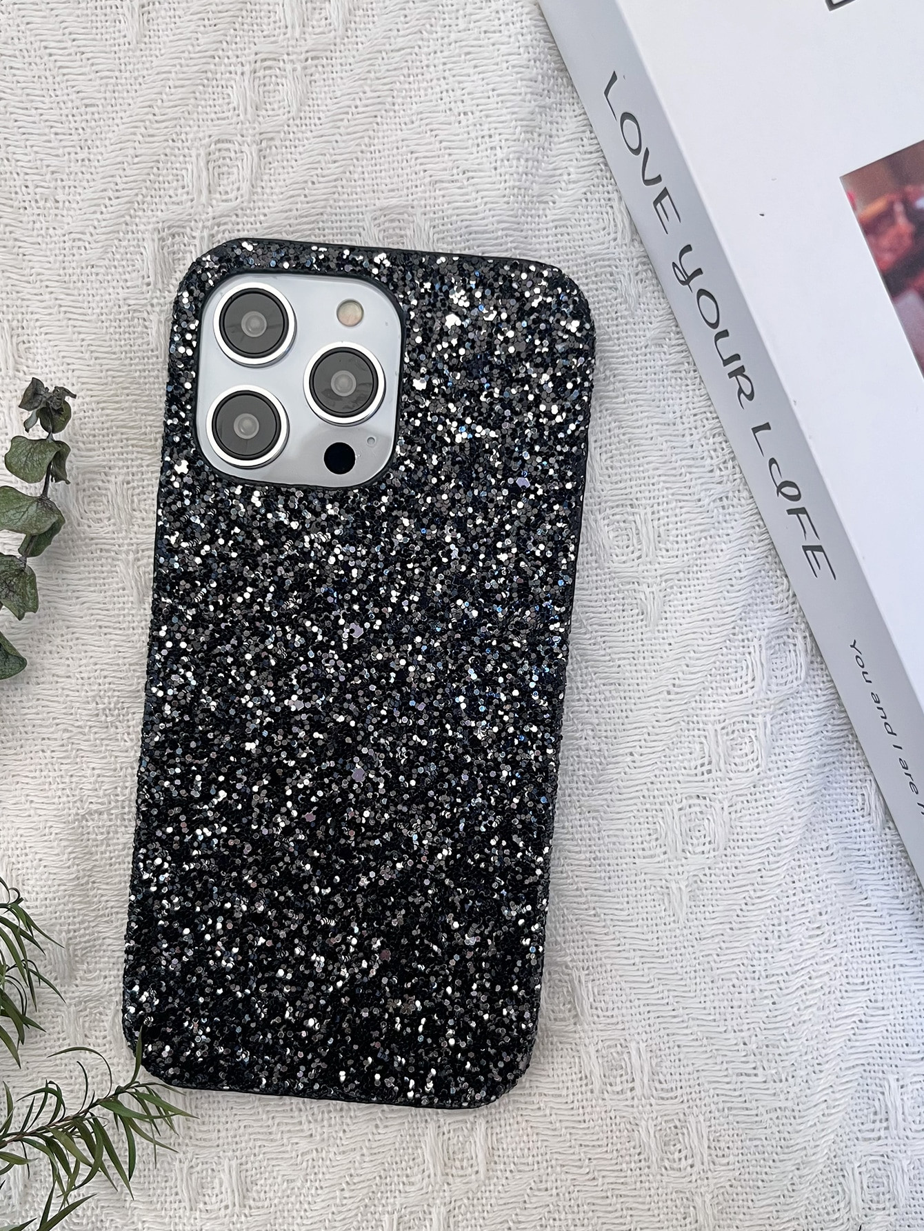 Black Coarse Glitter Phone Case Compatible With iPhone15/15Plus/15Pro/15Promax, Samsung, Huawei, ... | SHEIN