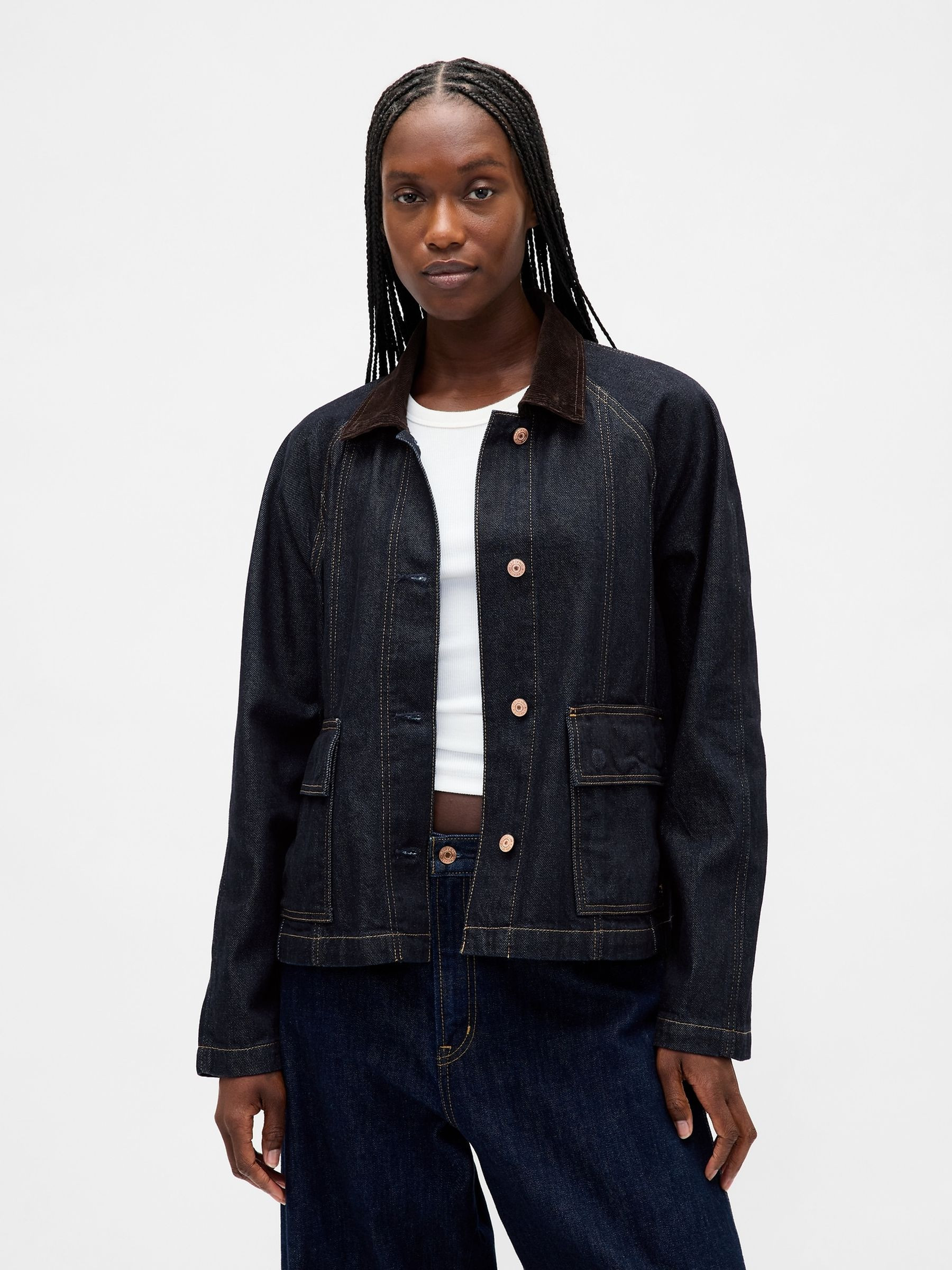 Dark Indigo Blue UltraSoft Denim Swing Chore Jacket | Gap | GAP UK