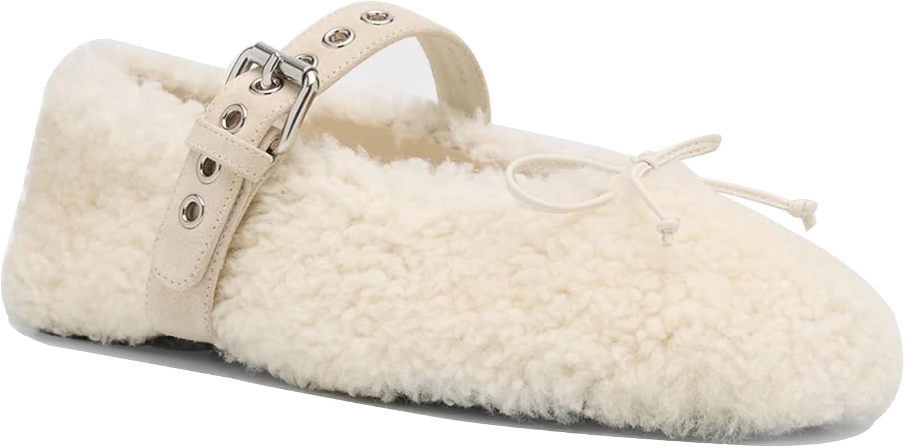 Women's Fur Ballet Flats with Bows Adjustable Strap Round Toe Slip On Flat Shoes Casual Buckle Le... | Amazon (US)