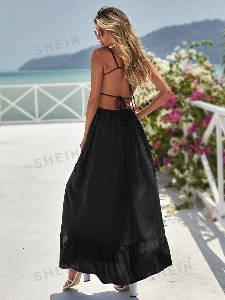 • Sexy • Plain • Backless, Ruffle Hem, Tie Front, Ruched Bust | SHEIN